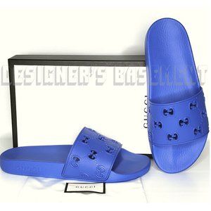 GUCCI men bright blue 10 rubber GG Cutout PURSUIT slides FLIP-FLOP pool sandals